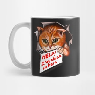 cute stowaway kitten playing peekaboo from a rip torn hole with sign saying help! For those who love Cute cats Mug